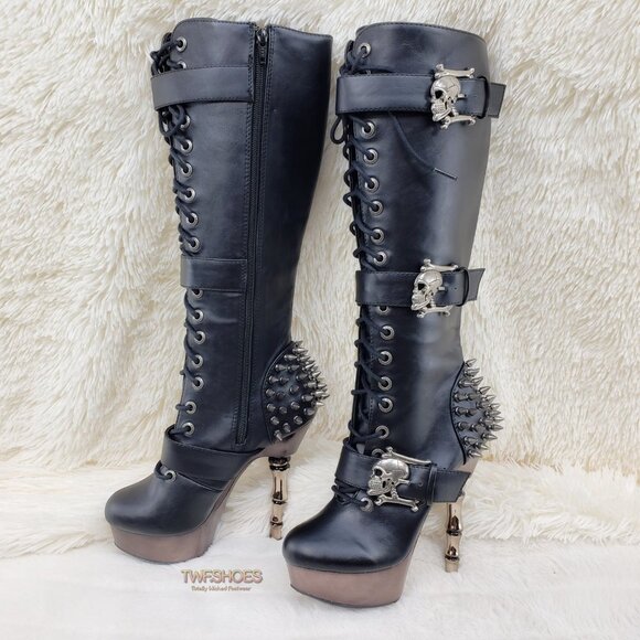 Muerto Goth Punk Bone Heel Spiked Skull Buckle Knee Boots RESTOCKED - Picture 4 of 15